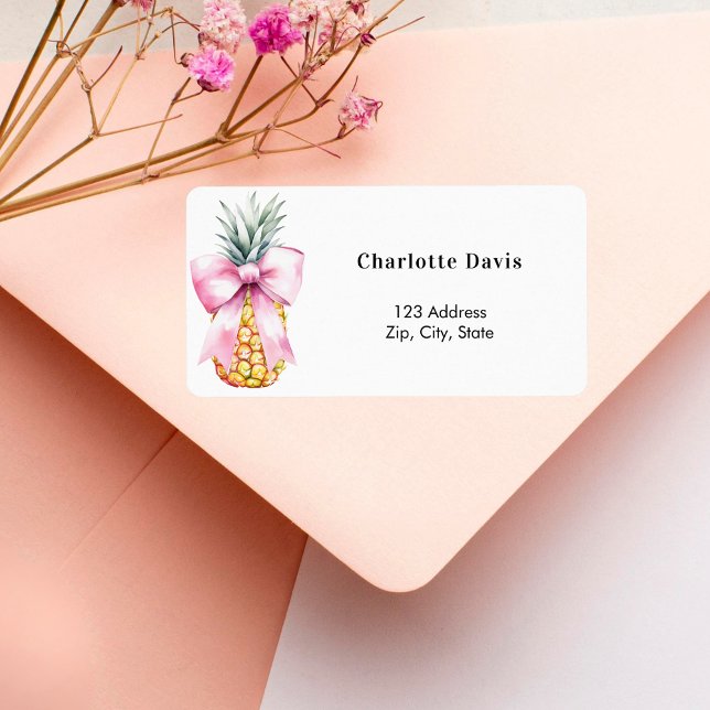 Pink bow pineapple return address  label (Creator Uploaded)