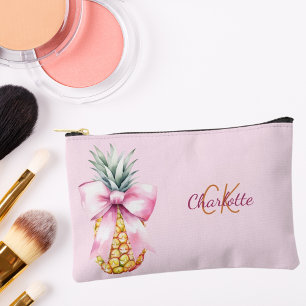 Pink bow pineapple tropical monogram accessory pouch