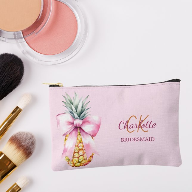 Pink bow pineapple tropical monogram bridesmaid accessory pouch (Creator Uploaded)