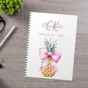 Pink bow pineapple tropical monogram notebook