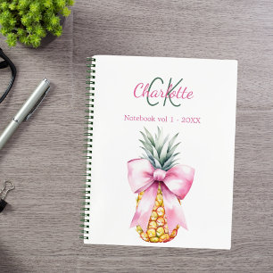 Pink bow pineapple tropical monogram notebook