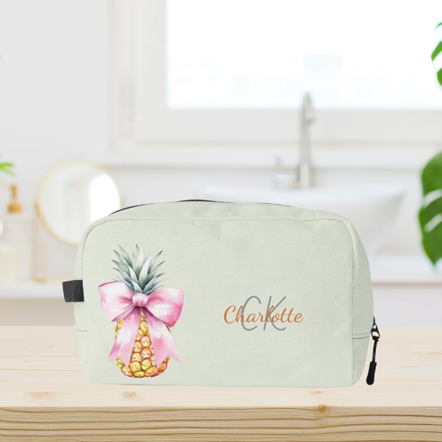 Pink bow pineapple tropical monogram sage green dopp kit (Creator Uploaded)