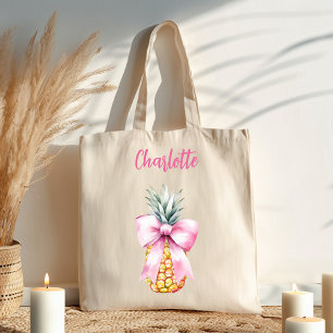Pink bow pineapple tropical name script large tote bag