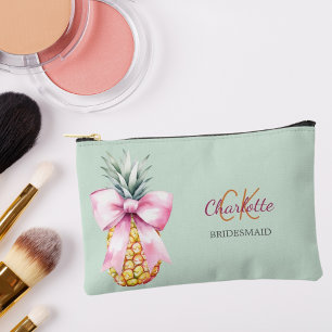 Pink bow pineapple tropical sage green bridesmaid accessory pouch