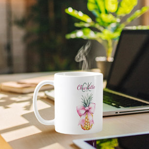 Pink bow pineapple tropical summer monogram coffee mug