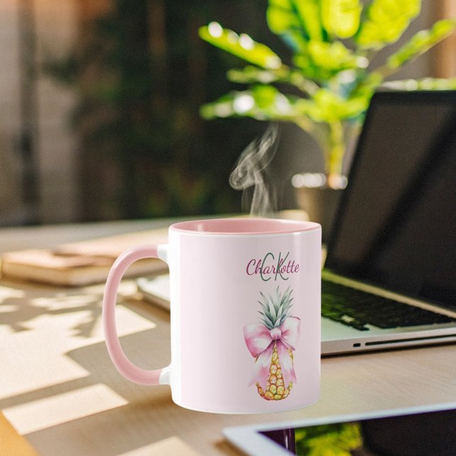 Pink bow pineapple tropical summer monogram mug (Creator Uploaded)