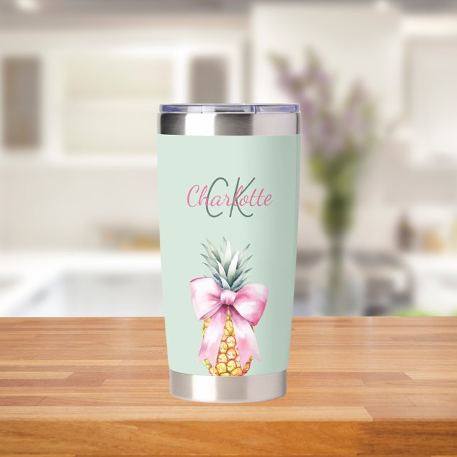 Pink bow pineapple tropical summer sage green insulated tumbler (Creator Uploaded)