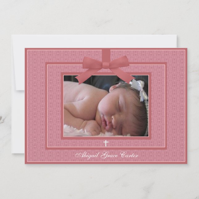 Pink Bow Pink Baby Girl Photo Christening Invitation (Front)