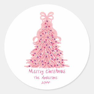 Pink Bow Pink Christmas Tree Classic Round Sticker