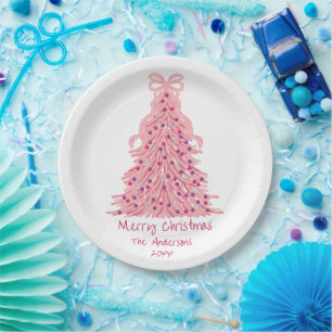 Pink Bow Pink Christmas Tree Paper Plate