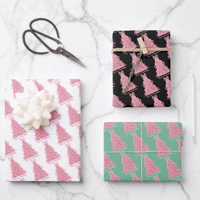 Pink Bow Pink Christmas Tree Wrapping Paper Sheet (Front)