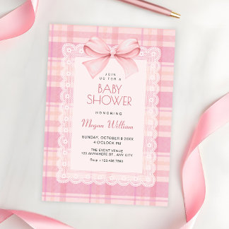 Pink bow plaid baby shower invitation