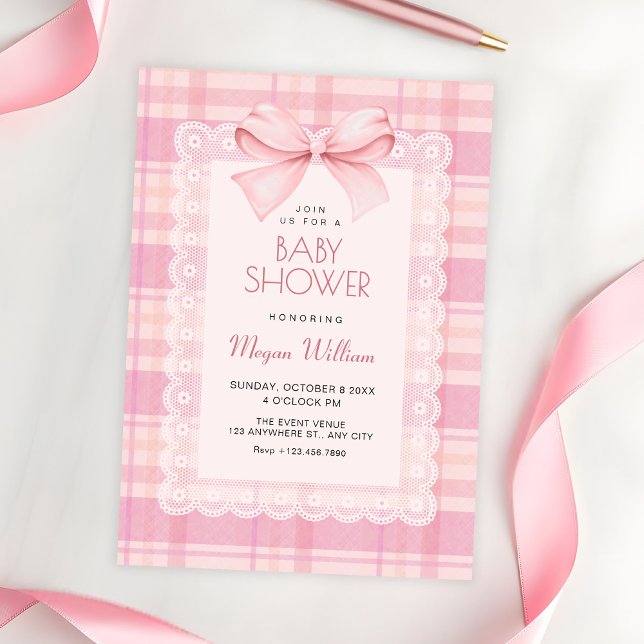 Pink bow plaid baby shower invitation (Creator Uploaded)