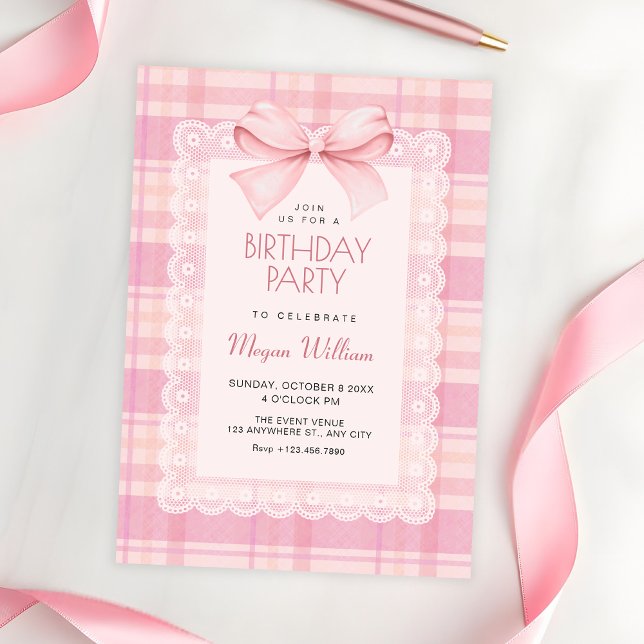 Pink bow plaid birthday invitation (Creator Uploaded)