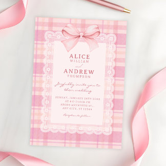 Pink bow plaid wedding invitation