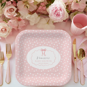 Pink Bow Polka Dot Baby Shower Baby Girl Paper Plate