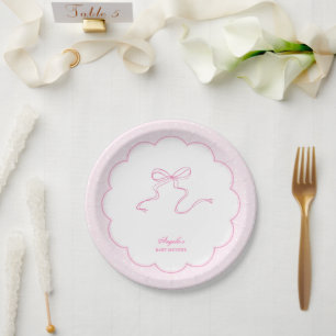 Pink Bow Polka Dot Baby Shower Paper Plate