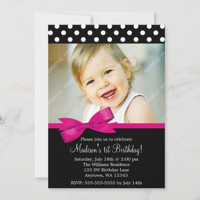 Pink Bow Polka Dots 1st Birthday Girl Photo Invitation (Front)