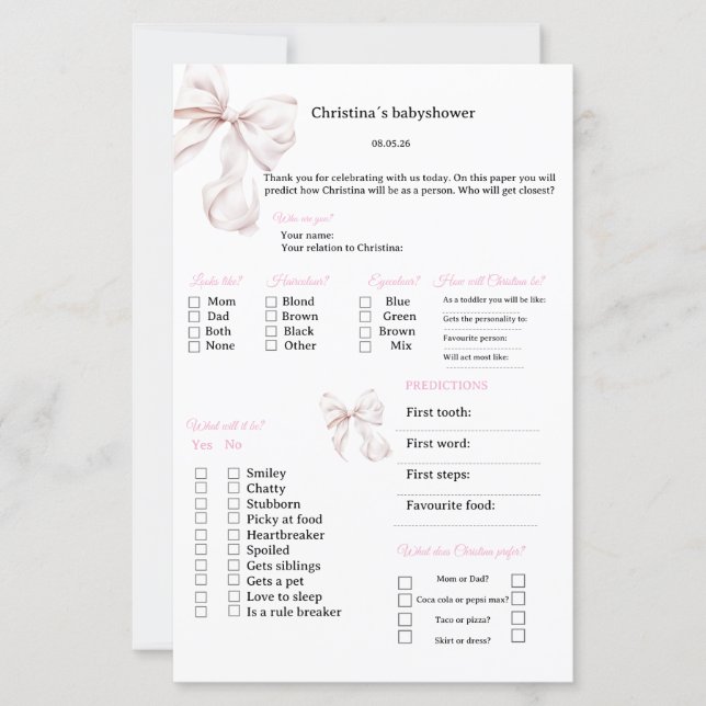 Pink Bow Predictions & advice games for Babyshower (Front)