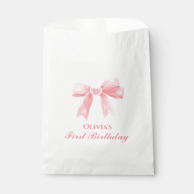 Pink Bow preppy Coquette 1st birthday Favour Bags (Front)