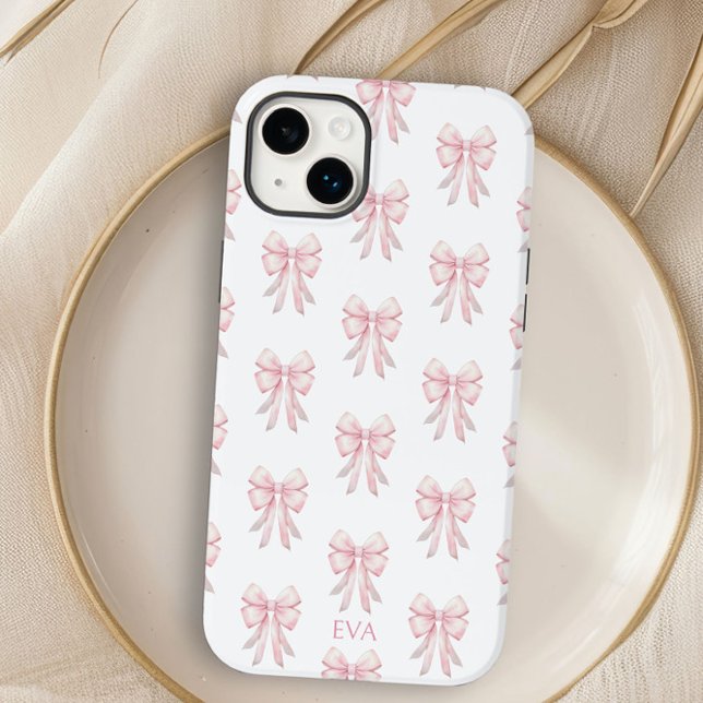 Pink Bow Preppy Coquette Pattern Monogram Initials Case-Mate iPhone Case (Personalized iphone case with pretty coquette style pink bows by Darling and May)
