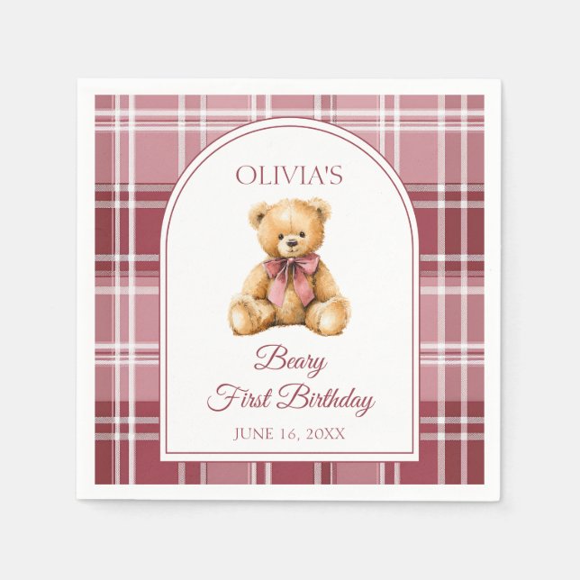 Pink Bow Preppy Teddy Bear 1st Birthday Napkin (Front)