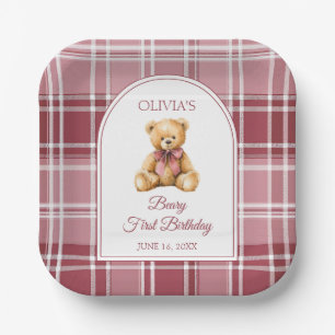 Pink Bow Preppy Teddy Bear 1st Birthday Paper Plate