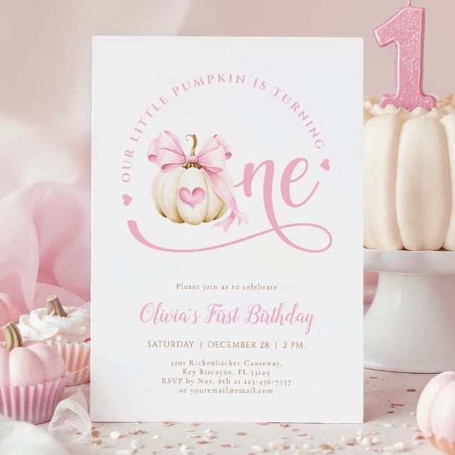 Pink Bow Pumpkin 1st Birthday Invitation (Creator Uploaded)