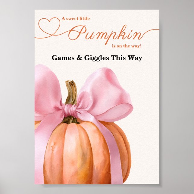 Pink Bow Pumpkin Baby Shower “Games & Giggles  Poster (Front)