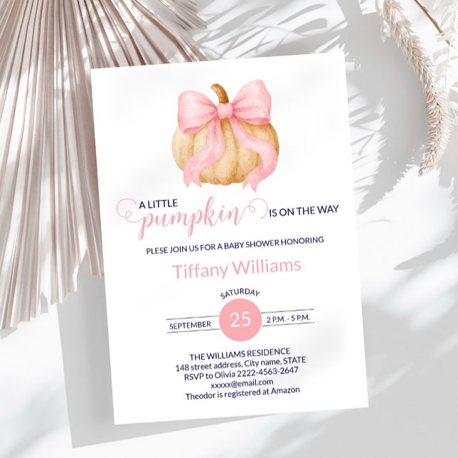 Pink bow pumpkin baby shower minimalistic  invitation (Fall Pumpkin Baby Shower Invitation with Pink Bows)