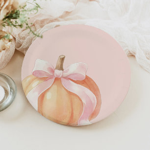 Pink Bow Pumpkin Baby Shower Paper Plate