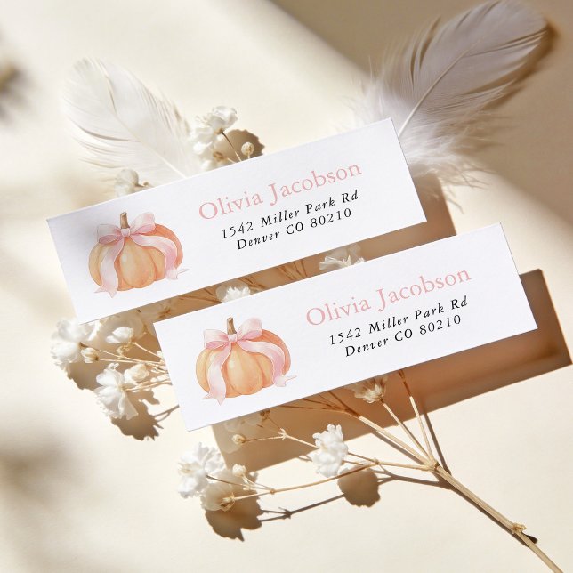 Pink Bow Pumpkin Baby Shower Return Address (Creator Uploaded)