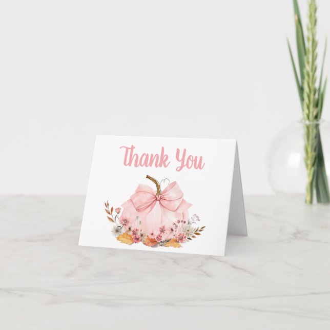 Pink Bow Pumpkin Baby Shower Thank You Card (Front)