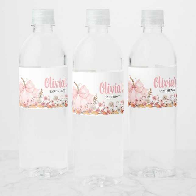 Pink Bow Pumpkin Baby Shower Water Bottle Label (Bottles)
