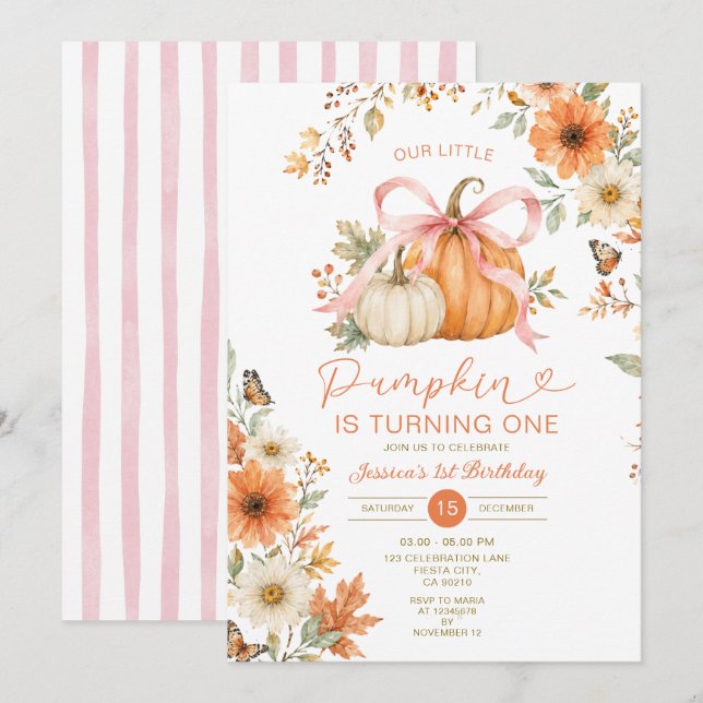 Pink Bow Pumpkin Birthday Invitation (Front/Back)