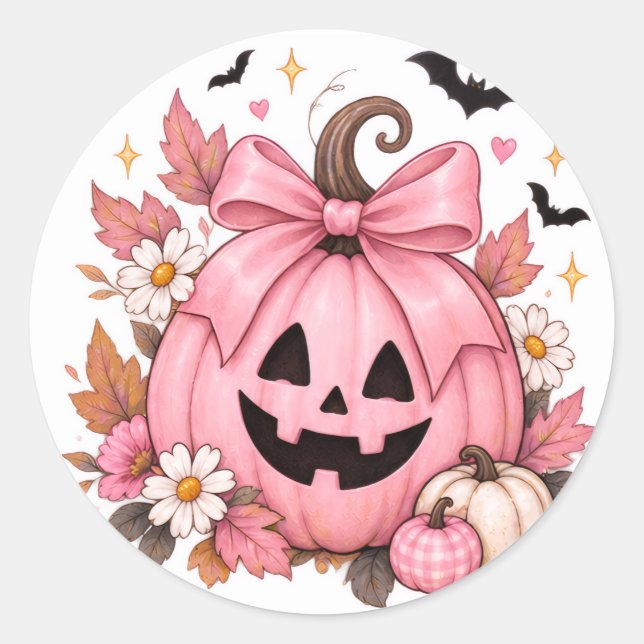 Pink Bow Pumpkin Coquette Halloween Classic Round Sticker (Front)