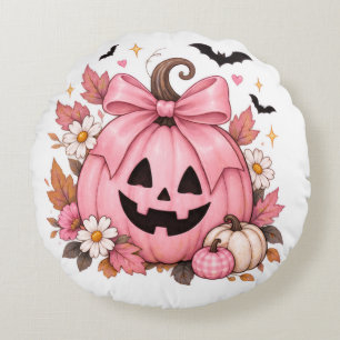 Pink Bow Pumpkin Coquette Halloween Round Cushion