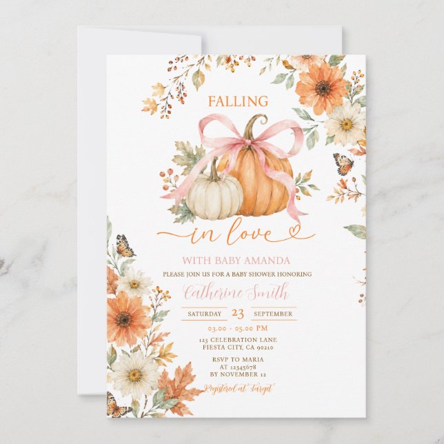 Pink Bow Pumpkin Fall Baby Shower Invitation (Front)