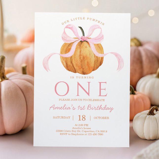 Pink Bow Pumpkin First Birthday Invitation (Creator Uploaded)