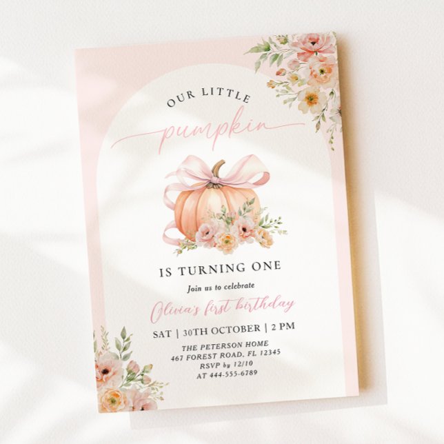 Pink Bow Pumpkin Floral First Birthday Invitation (Creator Uploaded)