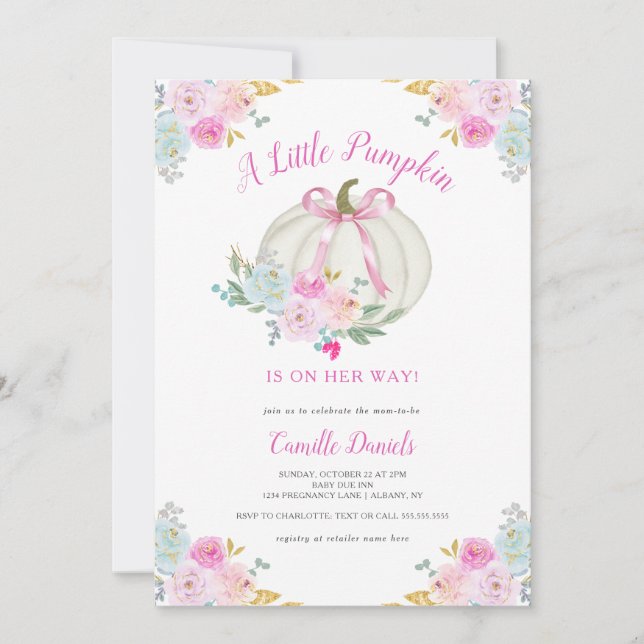 Pink Bow Pumpkin Girl Baby Shower Invitation (Front)