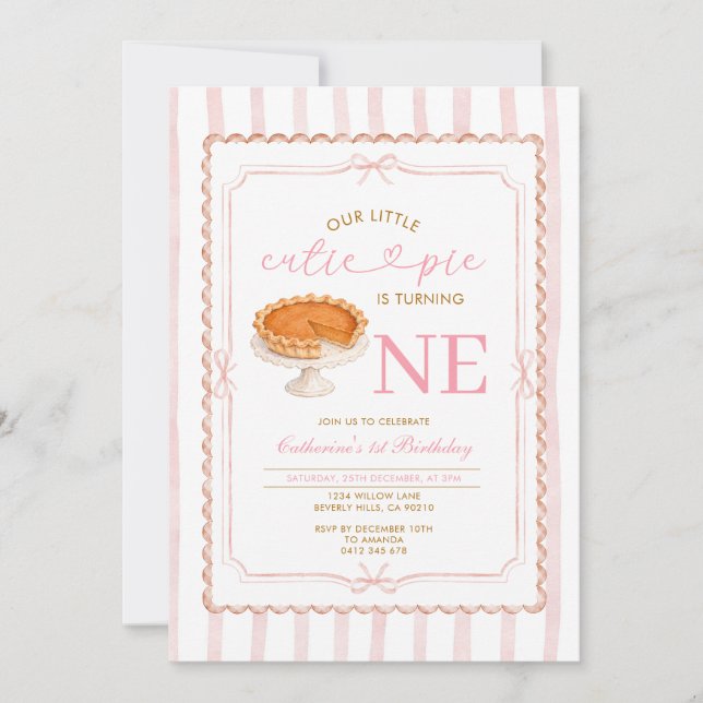 Pink Bow Pumpkin Pie Is Turning One 1st Birthday Invitation (Front)