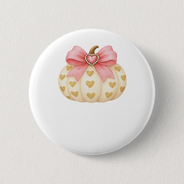 Pink Bow Pumpkin with Golden Hearts – Coquette Fal 6 Cm Round Badge (Front)