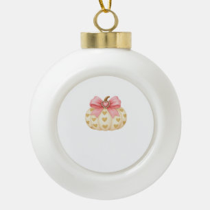 Pink Bow Pumpkin with Golden Hearts – Coquette Fal Ceramic Ball Christmas Ornament