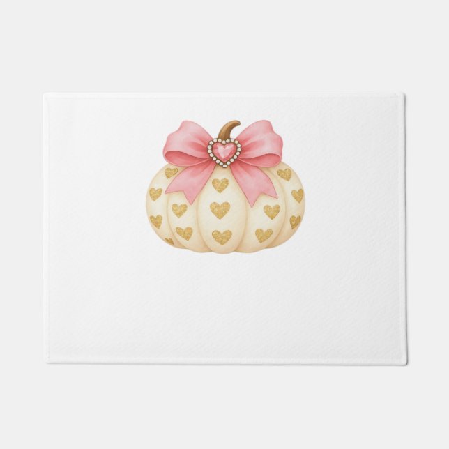 Pink Bow Pumpkin with Golden Hearts – Coquette Fal Doormat (Front)