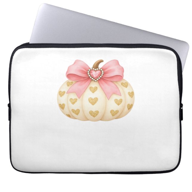 Pink Bow Pumpkin with Golden Hearts – Coquette Fal Laptop Sleeve (Front)