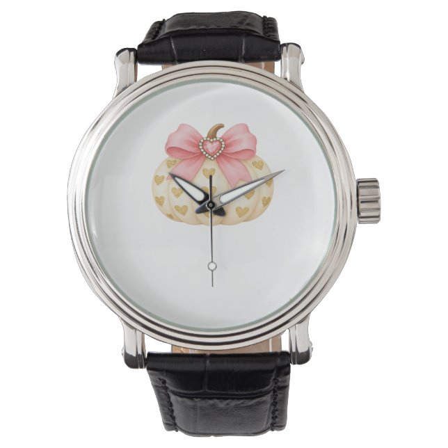 Pink Bow Pumpkin with Golden Hearts – Coquette Fal Watch (Front)
