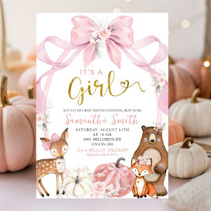 Pink Bow Pumpkin Woodland Animals Baby Shower Invitation