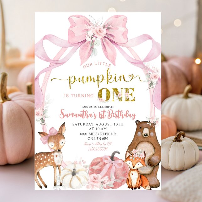 Pink Bow Pumpkin Woodland Animals First Birthday Invitation (Creator Uploaded)