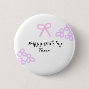 Pink bow purple floral pastel happy birthday 6 cm round badge